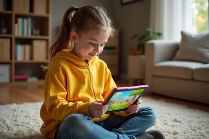 Jeune fille jouant à des jeux adaptés aux enfants sur une tablette dans un salon familial