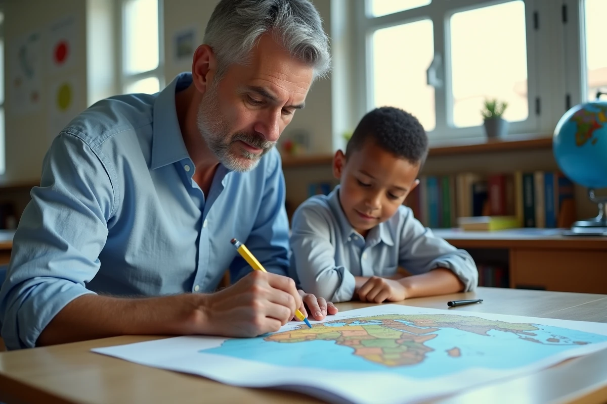 Enseignant accompagnant un élève qui repère Mayotte sur une carte de l'Afrique posée sur un bureau scolaire
