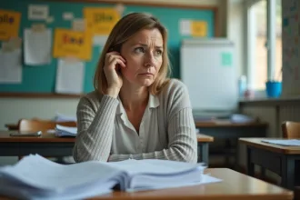 Professeure fatiguée dans une classe colorée et encombrée