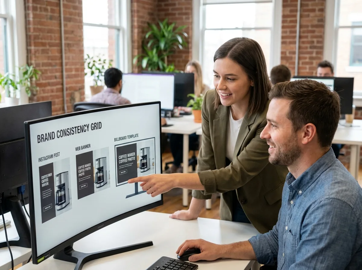Deux créatifs analysant la cohérence d'une image produit adaptée aux réseaux sociaux, au web et à l'affichage