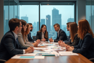 Groupe de professionnels en réunion autour d'une table moderne