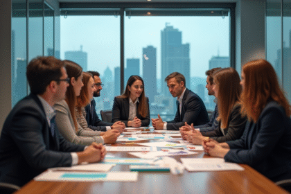 Groupe de professionnels en réunion autour d'une table moderne