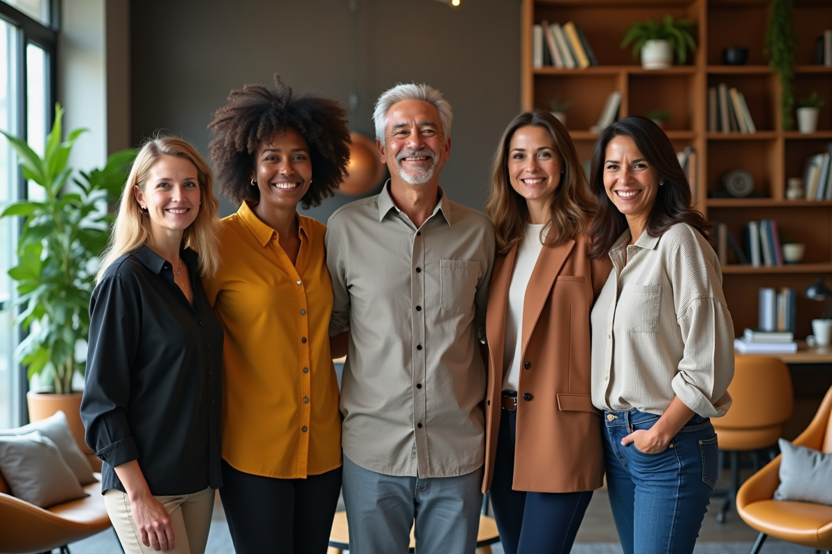 Equipe souriante dans un espace de travail moderne et accueillant