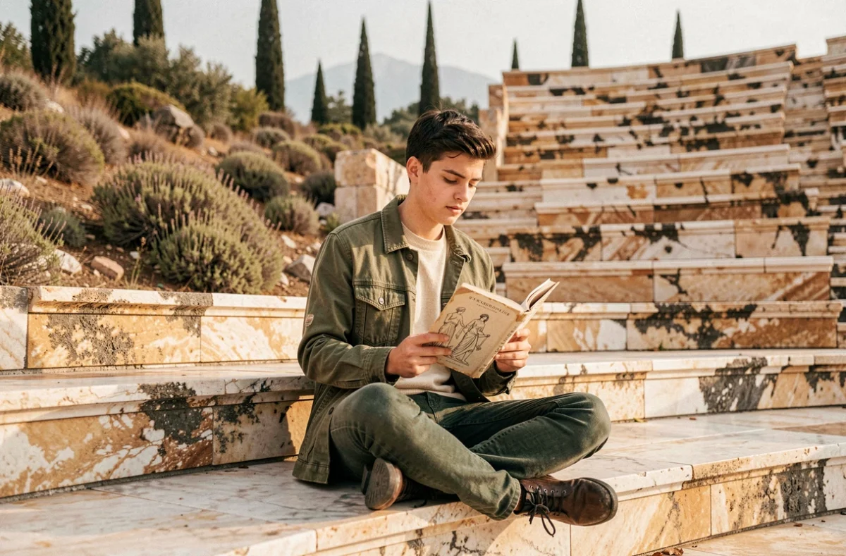 Étudiant lisant un livre sur la mythologie grecque assis sur les gradins d'un amphithéâtre antique en pierre, paysage méditerranéen en arrière-plan