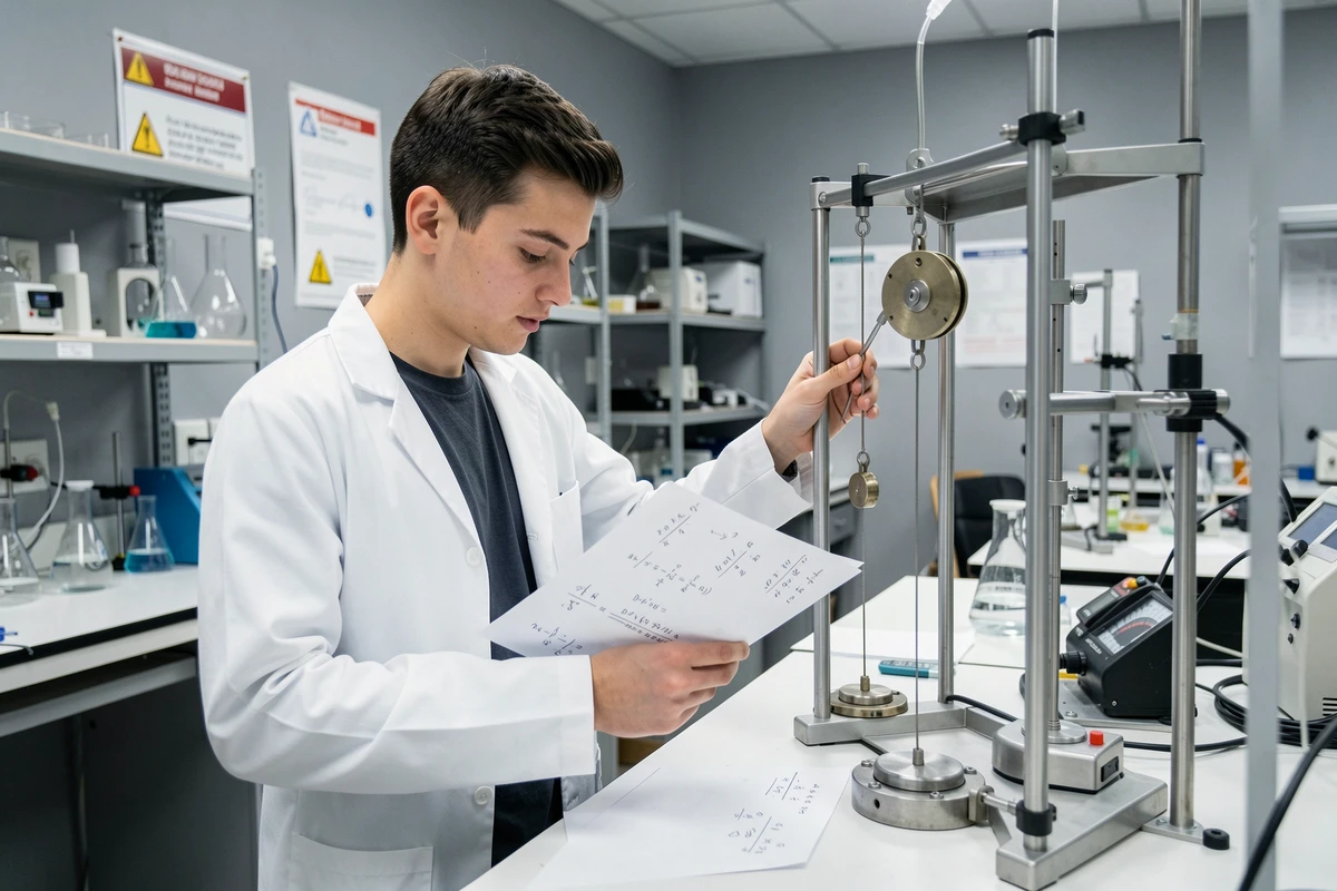 Étudiant en blouse blanche réalisant une expérience de mécanique avec des poids et une poulie dans un laboratoire de physique
