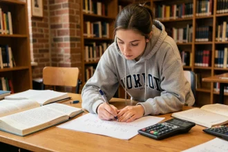 Étudiante en physique calculant la formule de force sur du papier millimétré dans une bibliothèque universitaire