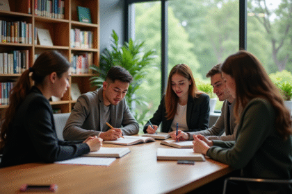 Groupe d'étudiants en bibliothèque universitaire