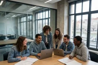 Groupe d'étudiants en laboratoire numérique à Lyon