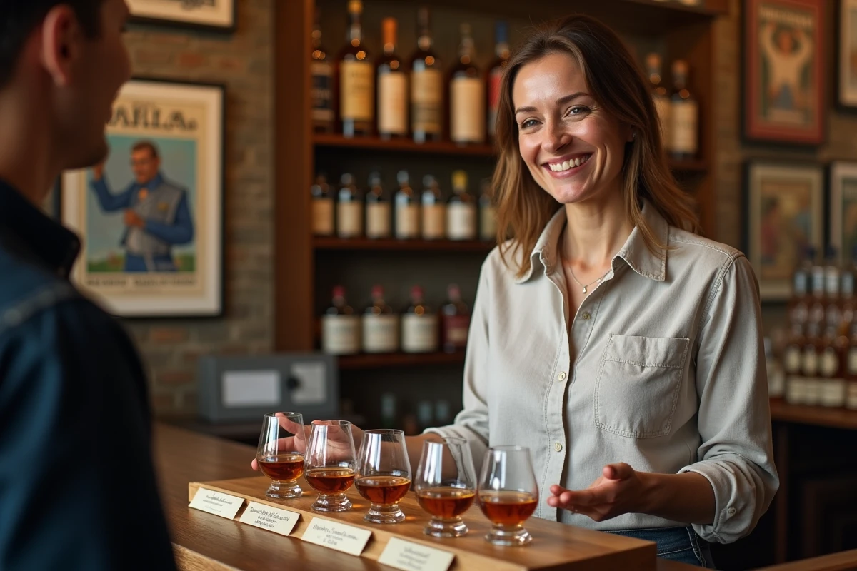 Experte en whisky présentant un flight de trois whiskies single malt dans une boutique spécialisée, idéal pour les débutants souhaitant découvrir les whiskies écossais comme dans l'univers de Tintin