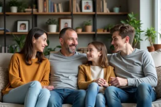 Famille moderne souriante dans un salon chaleureux