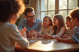 Famille souriante jouant aux cartes belote à la maison
