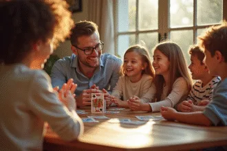 Famille souriante jouant aux cartes belote à la maison