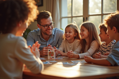 Famille souriante jouant aux cartes belote à la maison