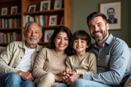 Famille multigenerations souriante dans un salon chaleureux