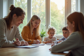 Famille réunie autour d'une table dans un salon lumineux