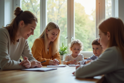 Famille réunie autour d'une table dans un salon lumineux