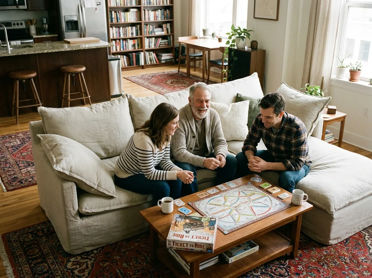 Famille réunie dans un salon accueillant autour d'un grand canapé convertible confortable lors d'une visite