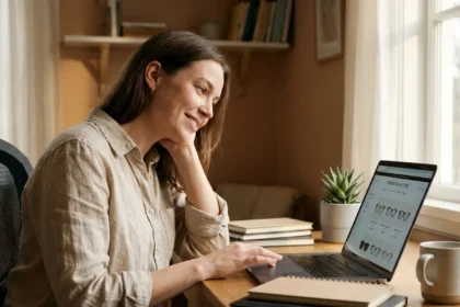 Jeune femme consultant un site de vente de lunettes en ligne sur son ordinateur portable dans un bureau à domicile
