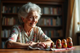 Femme âgée polissant des poupées russes en bois dans un salon chaleureux