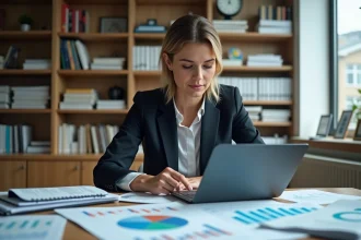 Femme d affaires concentrée analysant des graphiques économiques