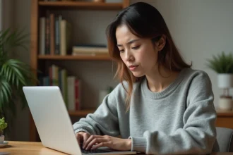 Femme consultant un annuaire inversé en ligne sur son ordinateur portable depuis son bureau à domicile