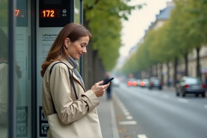 Femme attendant le bus 172 à un arrêt parisien avec panneau d'affichage numérique