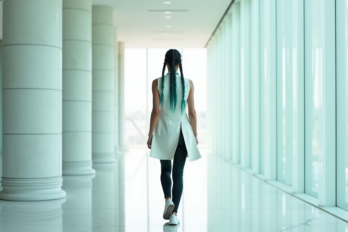 Femme en manteau blanc marchant avec autorité dans un couloir de marbre minimaliste, évoquant les personnages féminins emblématiques et puissants de la série Bleach comme Tia Halibel