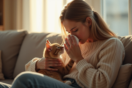 Femme assise sur le canapé avec un chat en main en train de sneezing