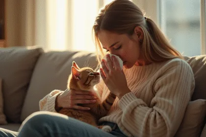 Femme assise sur le canapé avec un chat en main en train de sneezing