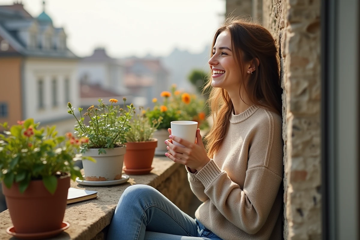 Femme souriante avec tasse de café sur balcon ensoleille