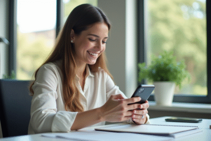 Femme souriante vérifiant son application bancaire sur smartphone