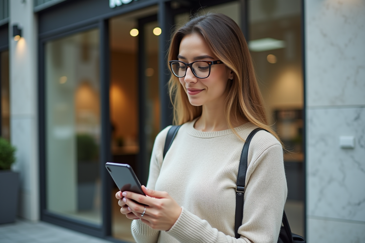 Jeune femme avec smartphone dans une banque moderne