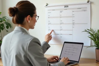 Femme professionnelle consultant un calendrier 2026 semaines paires et impaires imprimé, assise devant un ordinateur ouvert sur Google Agenda dans un bureau moderne