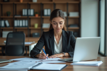 Femme d'affaires concentrée comparant fichiers physiques et numériques