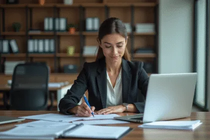 Femme d'affaires concentrée comparant fichiers physiques et numériques