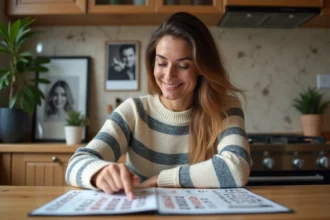 Femme souriante regardant un calendrier de célébrités