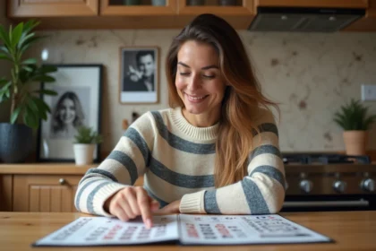 Femme souriante regardant un calendrier de célébrités