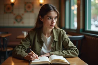 Femme lisant une citation percutante dans un carnet dans un café, expression de malaise et de réflexion profonde