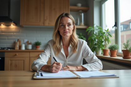 Femme en cuisine examinant des documents immobiliers