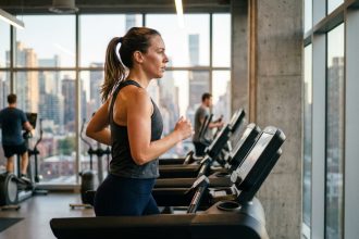 Femme qui court sur un tapis de course dans une salle de sport moderne pour améliorer ses performances extérieures