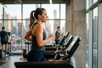 Femme qui court sur un tapis de course dans une salle de sport moderne pour améliorer ses performances extérieures