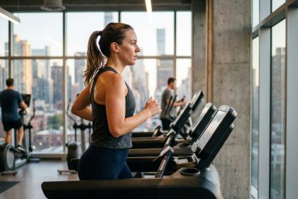 Femme qui court sur un tapis de course dans une salle de sport moderne pour améliorer ses performances extérieures