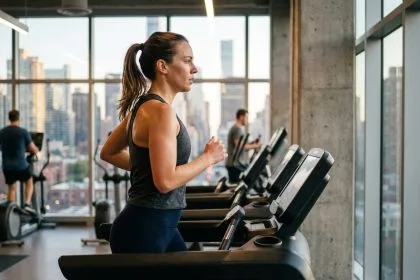 Femme qui court sur un tapis de course dans une salle de sport moderne pour améliorer ses performances extérieures