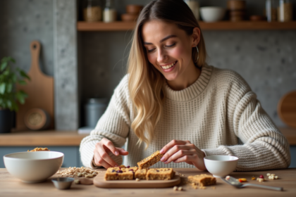 Jeune femme souriante préparant des barres d'avoine maison dans la cuisine