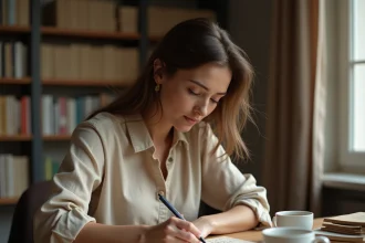 Femme écrivant une carte postale à la main en consultant un dictionnaire de langue française, illustrant les erreurs courantes d'orthographe en vacances