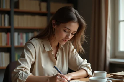Femme écrivant une carte postale à la main en consultant un dictionnaire de langue française, illustrant les erreurs courantes d'orthographe en vacances