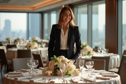 Femme confiante arrangeant des centres de table floraux lors d'un événement