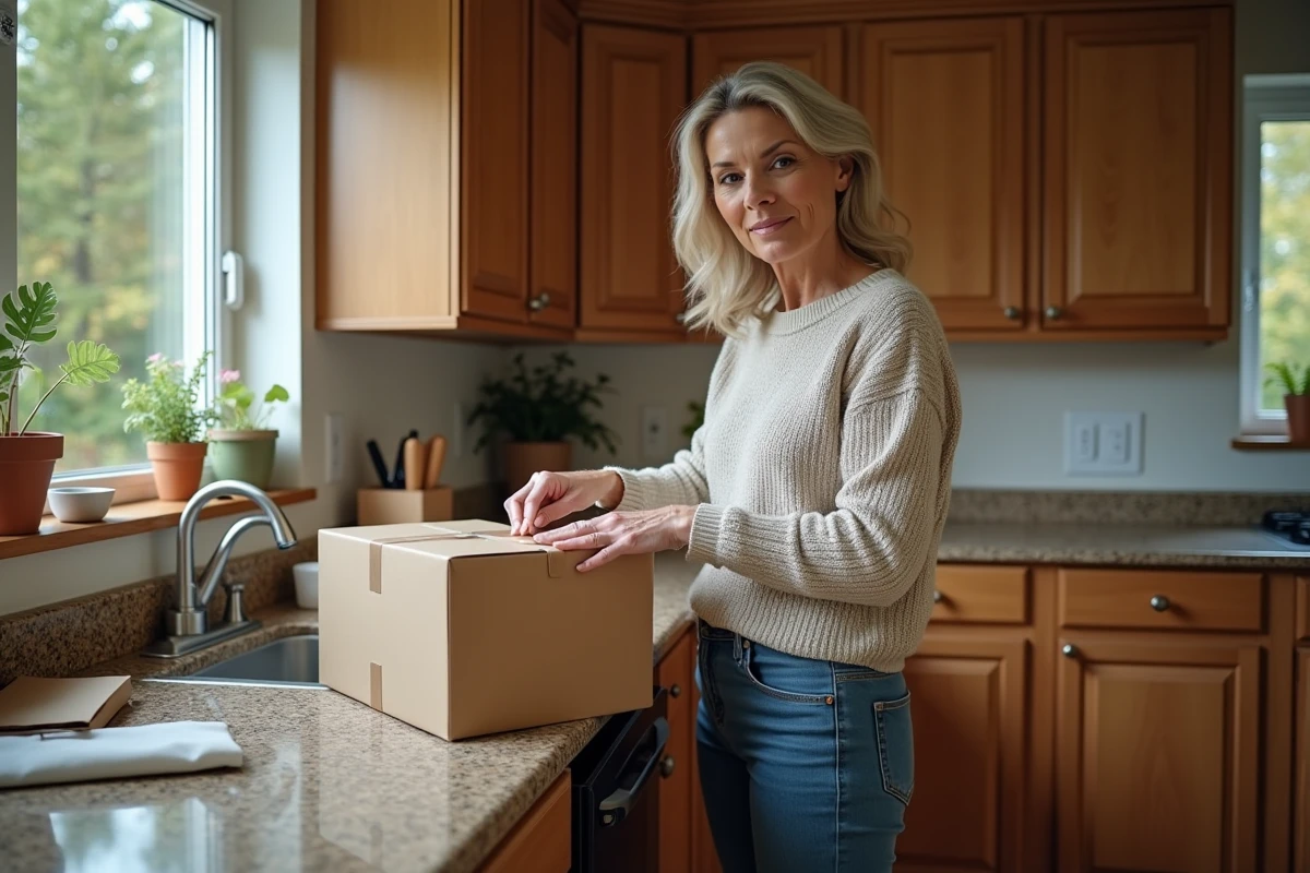 Femme emballant un colis dans une cuisine chaleureuse