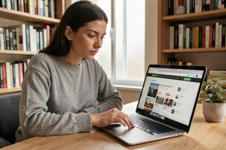 Femme consultant un site d'informations sur son ordinateur portable et filtrant les actualités utiles dans un bureau à domicile moderne