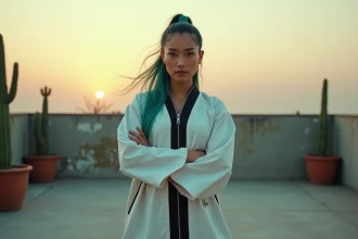 Femme au style martial confiant sur un toit en terrasse, inspirée de l'esthétique des personnages féminins forts dans Bleach comme Tia Halibel